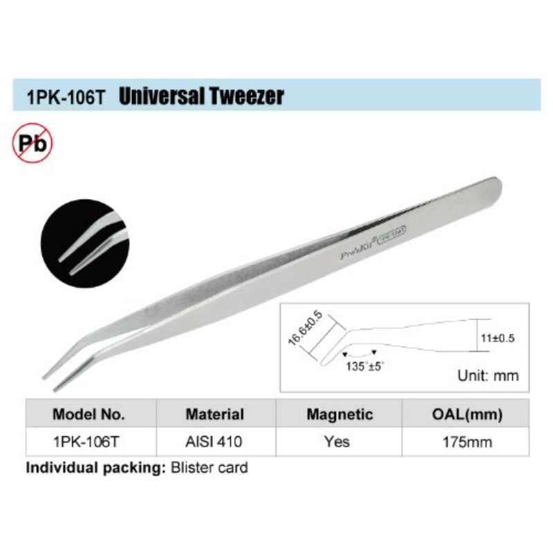 Pro'skit® 1PK-106T Steel Universal Tweezer (Silver)-175mm