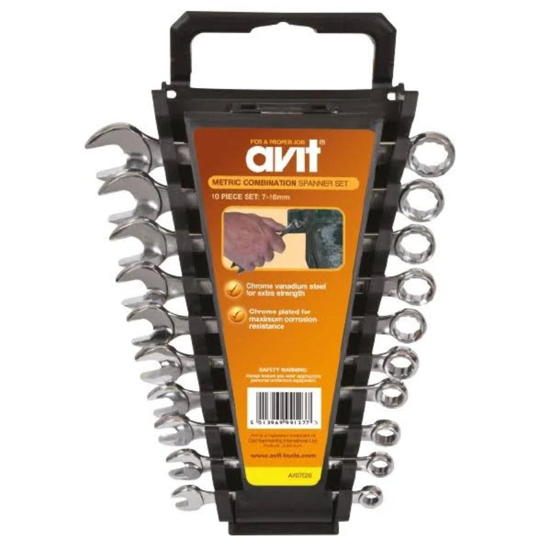 Avit 10-Piece Combination Spanner Set, 7 mm, 8 mm, 9 mm, 10 mm, 11 mm, 12 mm, 13 mm, 14 mm, 15 mm, 16 mm Chrome