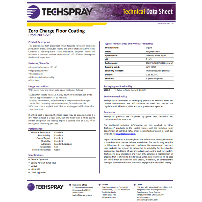 Techspray® 1720-G Zero Charge Floor Coating